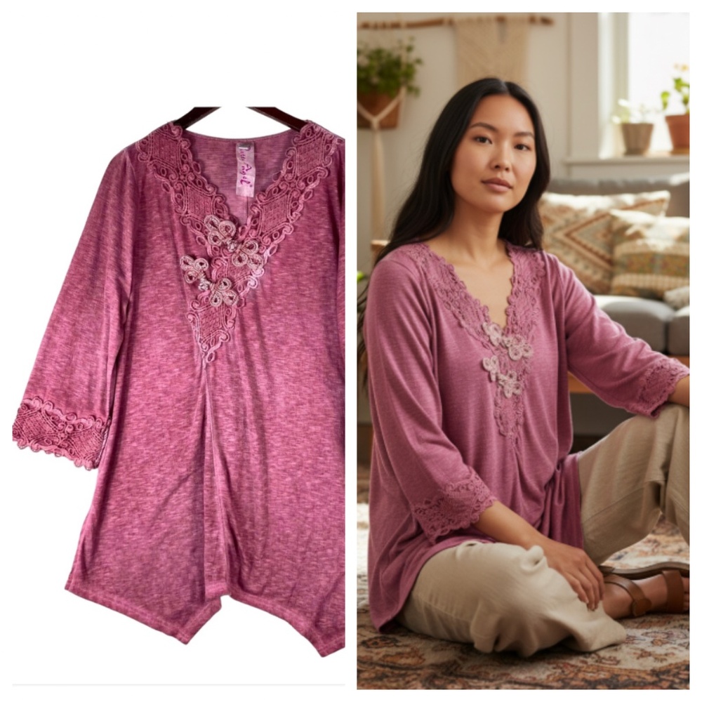 Pretty Angel Large 12 14 Top Tunic Shirt Pink Art to Wear Lagenlook Flowy Linen